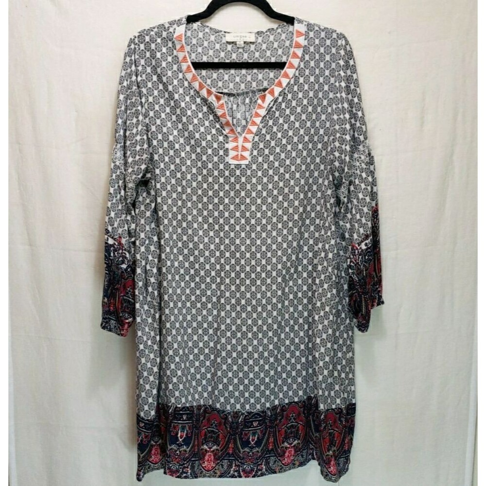 Umgee Women's Size XL Geometric Tunic Dress Embroidered Split Neck Paisley Borde